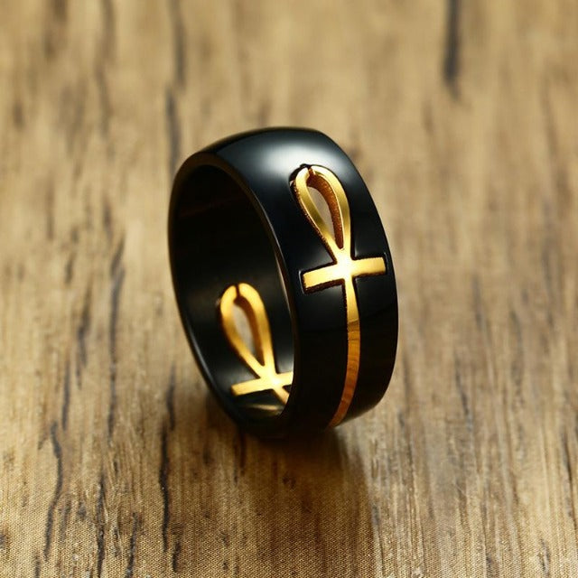 Black and Gold Egyptian Cross Motif Ring