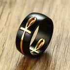 Black and Gold Egyptian Cross Motif Ring