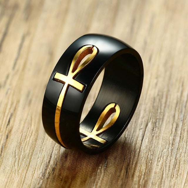 Black and Gold Egyptian Cross Motif Ring