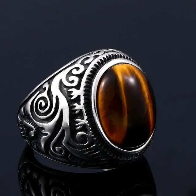 Tiger’s Eye Men’s Ring, Decorated in Silver