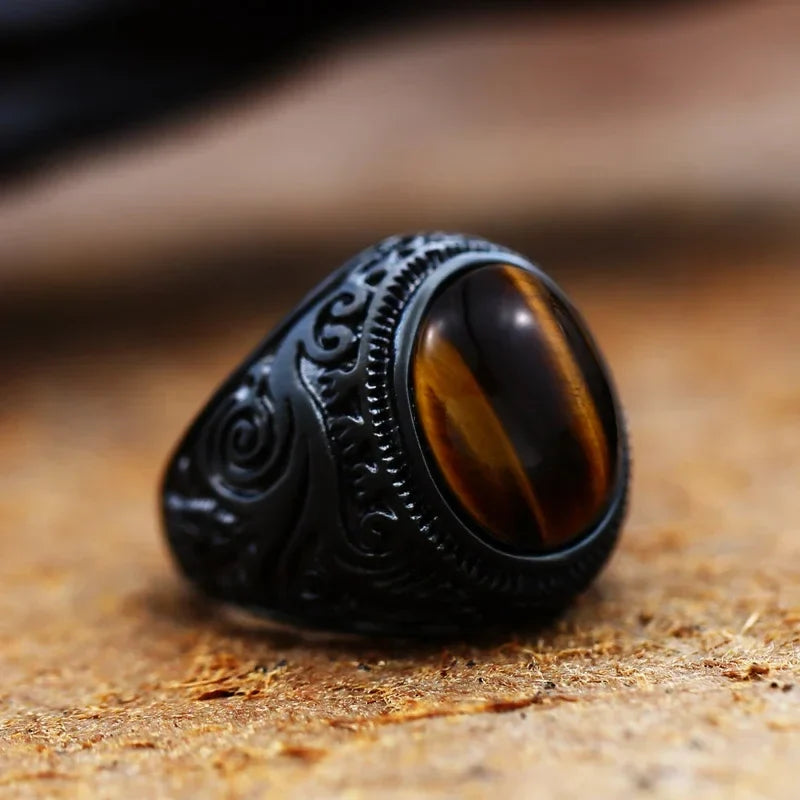 Tiger’s Eye Men’s Ring, Decorated in Black