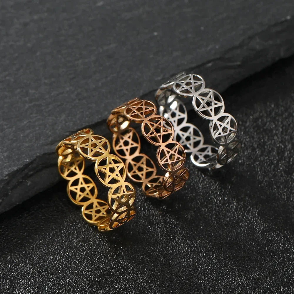 Wiccan Pentacle Ring for Women, Gold Band