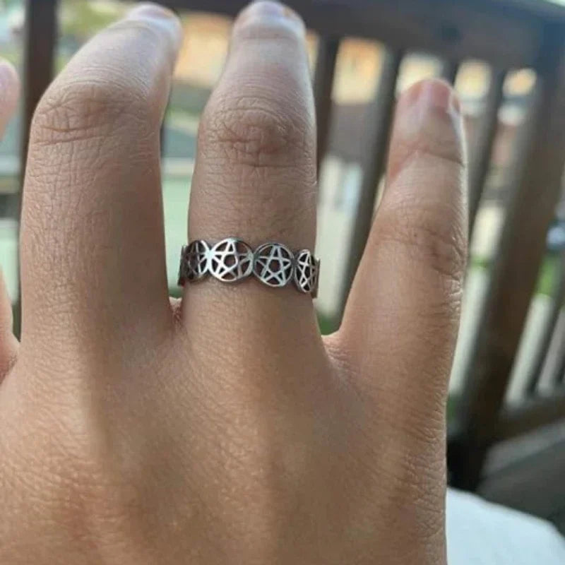 Wiccan Pentacle Ring for Women, Silver Band
