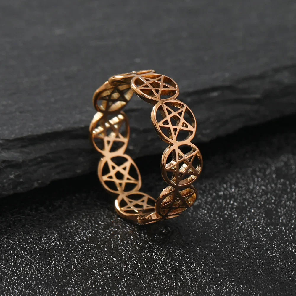 Wiccan Pentacle Ring for Women, Rose Gold Band