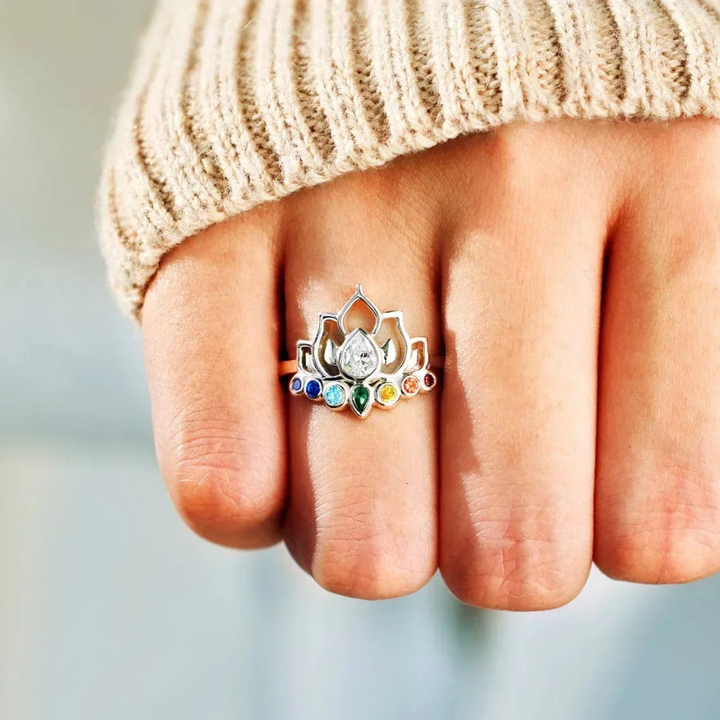7 Chakras Stone Lotus Flower Ring for Women Silver-Plated