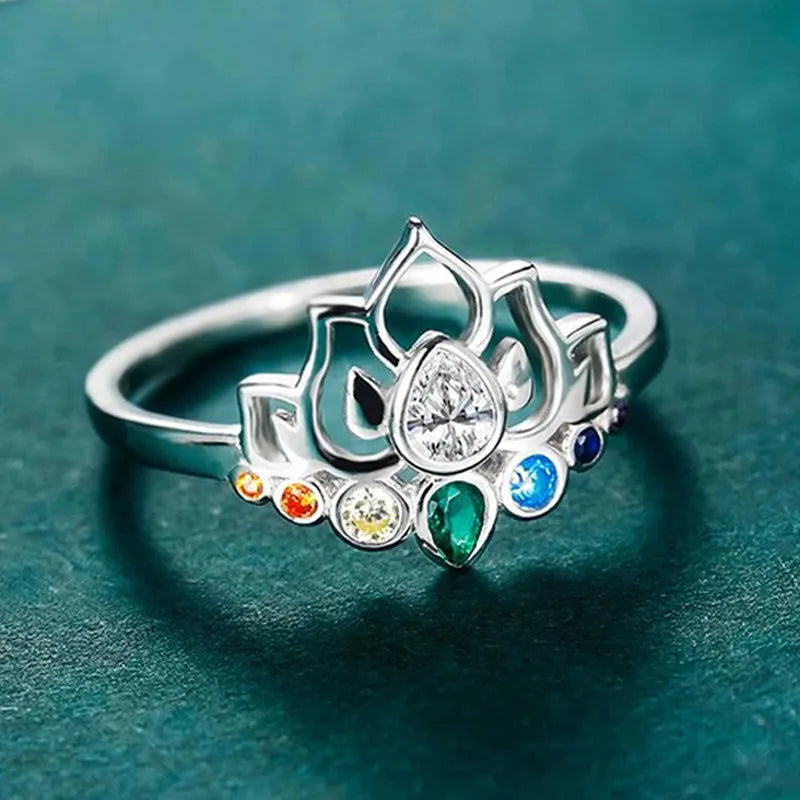 7 Chakras Stone Lotus Flower Ring for Women Silver