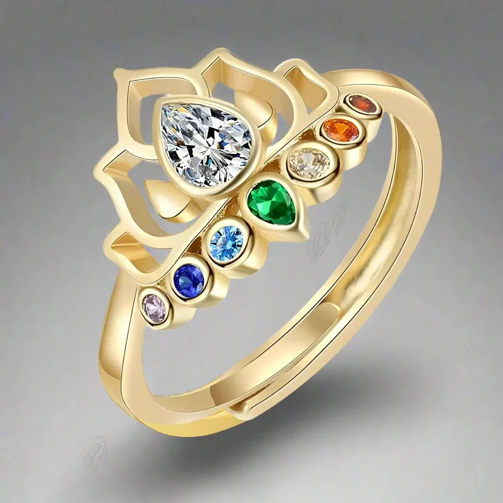 7 Chakras Stone Lotus Flower Ring for Women Gold