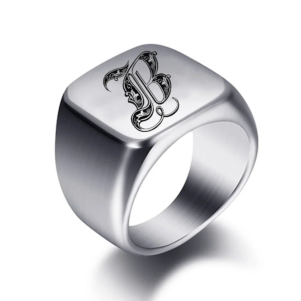 Wide men's initial ring b