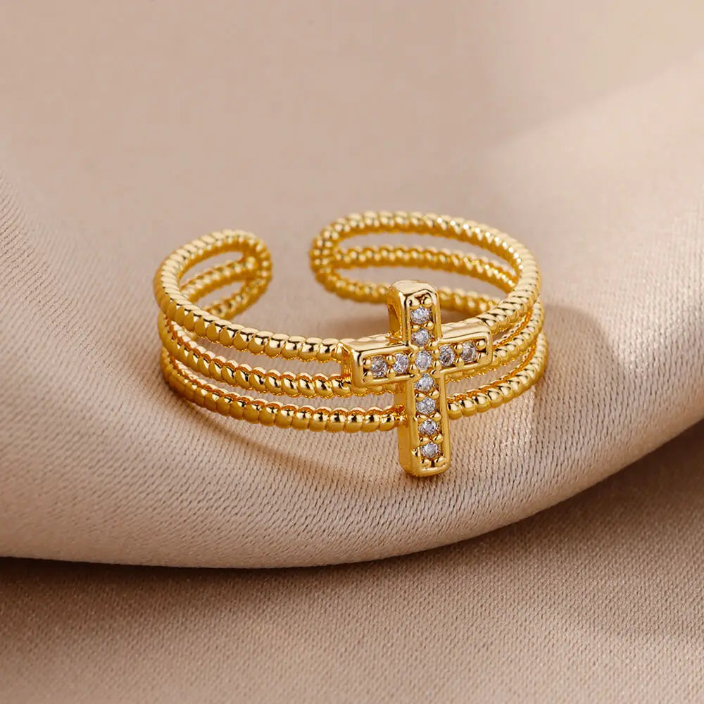 Triple Christian Cross Ring for Women gold