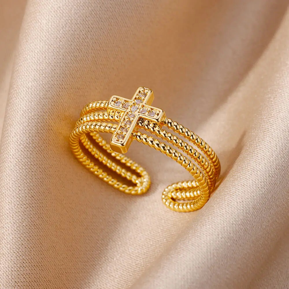 Triple Christian Cross Ring for Women gold