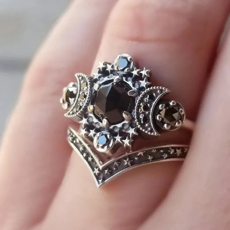 Wiccan Triple Moon Witchcraft Ring for Women Black