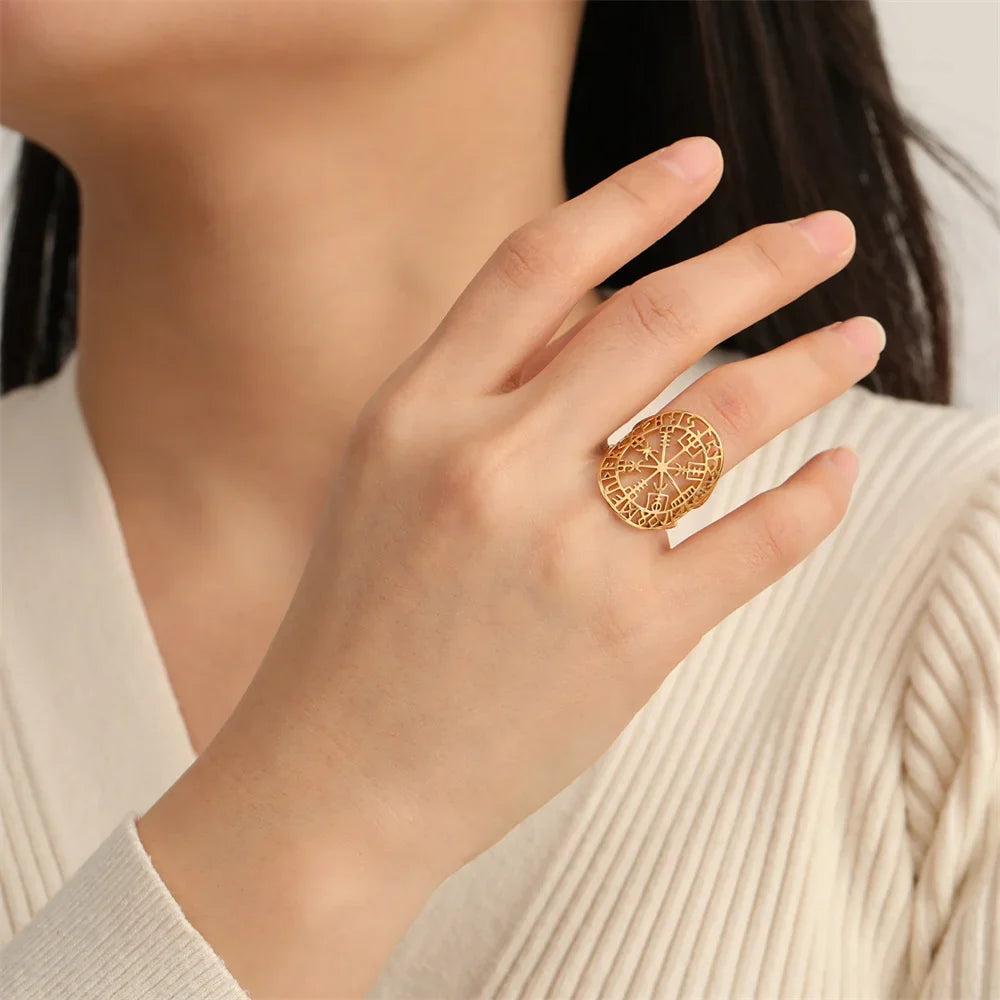 Vegvisir Viking Rune Compass Ring Gold 1