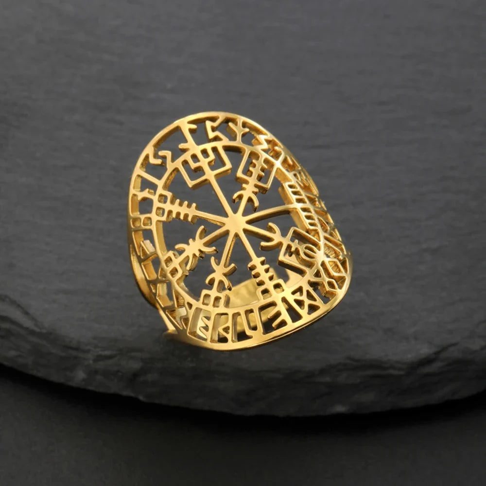 Vegvisir Viking Rune Compass Ring Gold