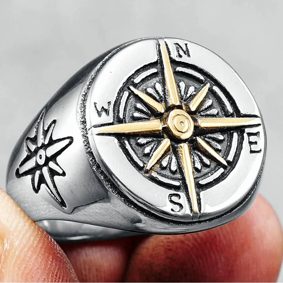 Vintage Compass Rose Ring for Men silver and gold