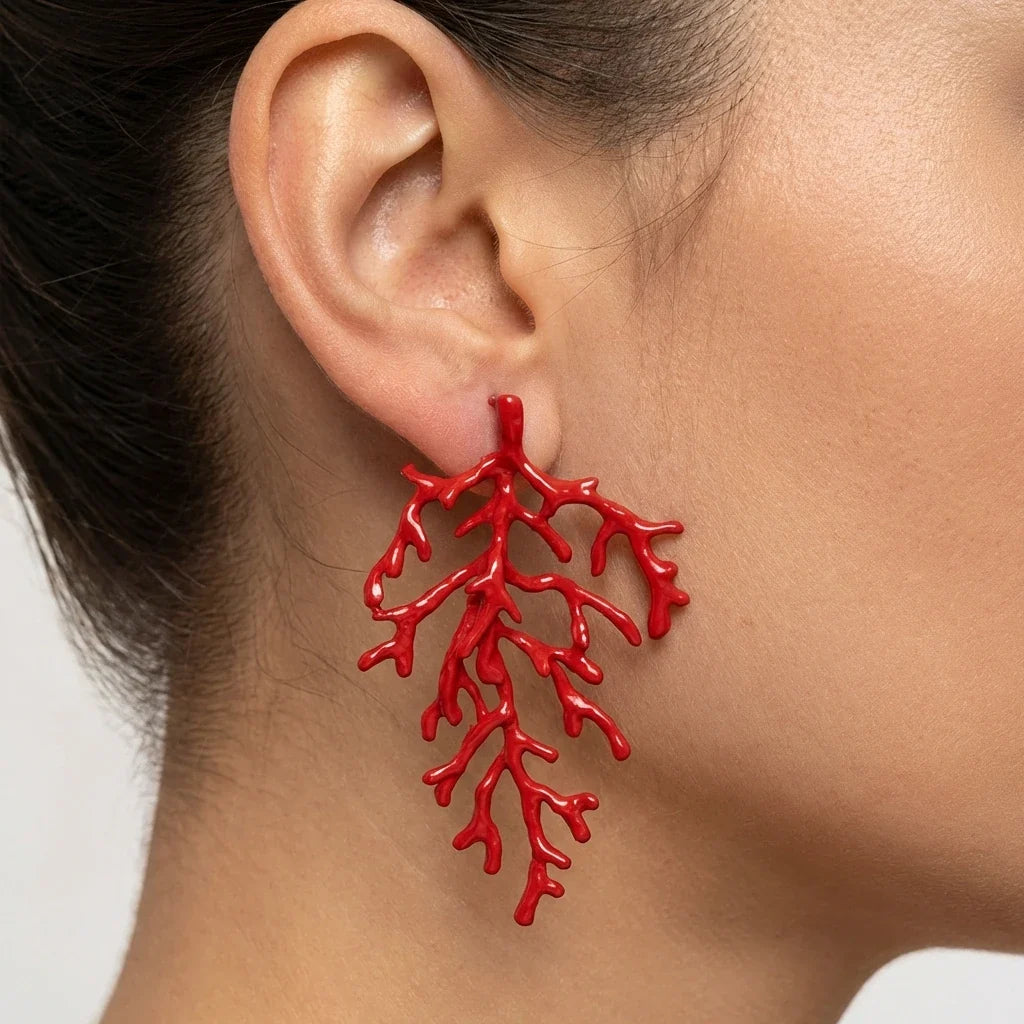 Red coral branch earrings