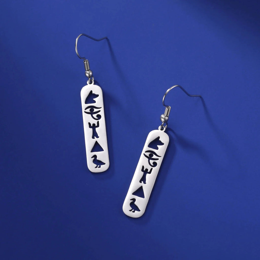 Egyptian Hieroglyph Cartouche Earrings Silver Style B