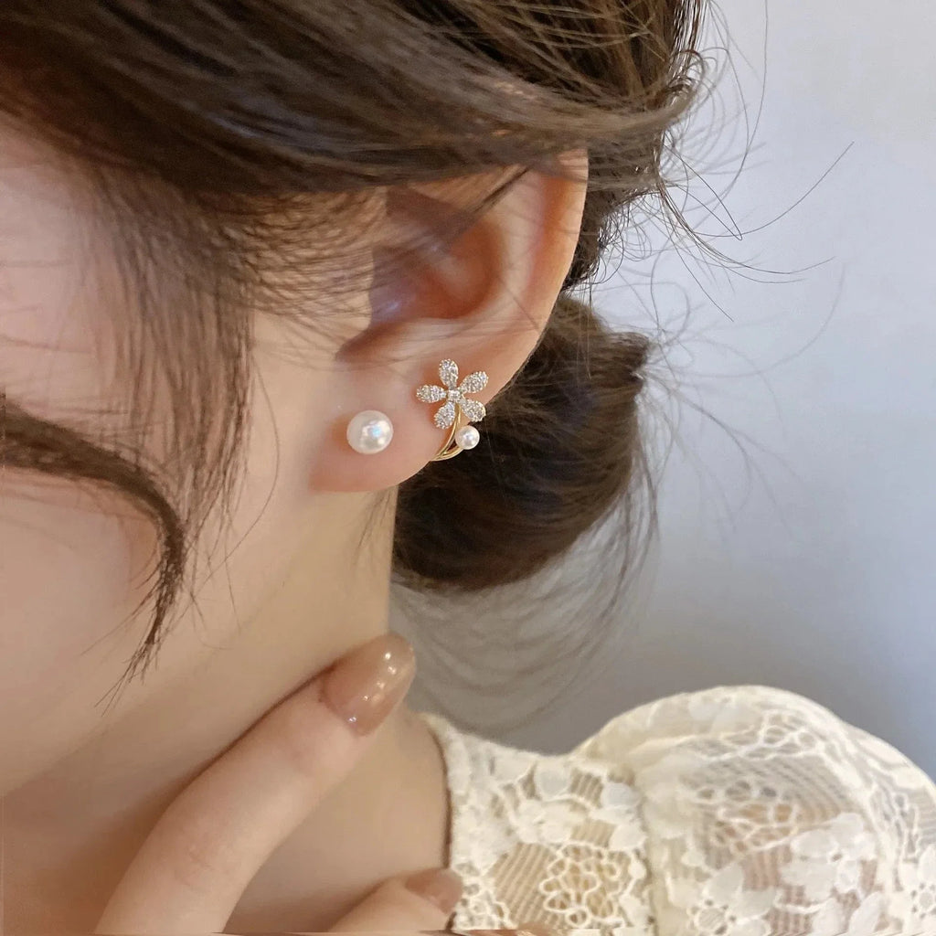 Zircon and Pearl Flower Stud Earrings