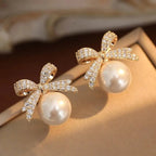 Elegant Stud Earrings with Pearl and Rhinestone Bow