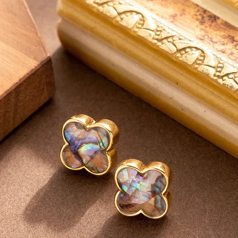 Four-Leaf Clover Stud Earrings with Natural Stone