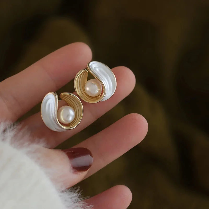 Mother-of-Pearl and Shell Pearl Stud Earrings