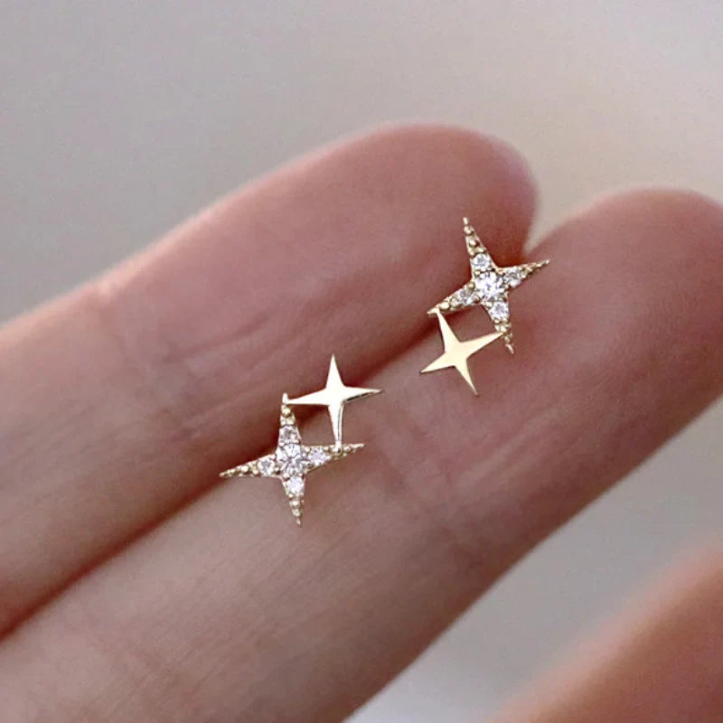 Double Star and Zircon Stud Earrings gold
