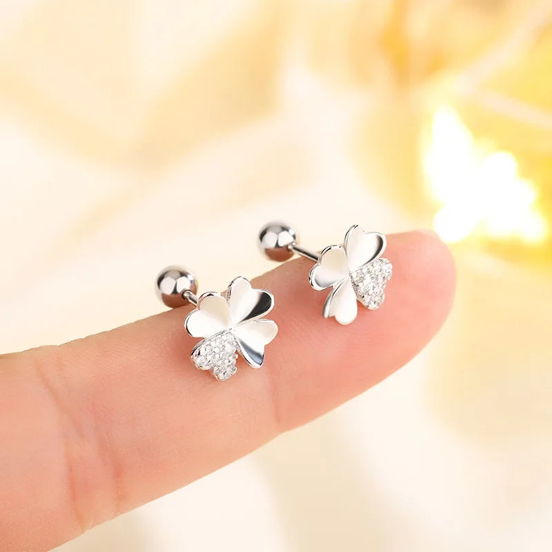 Four-Leaf Clover Stud Earrings with Zircon