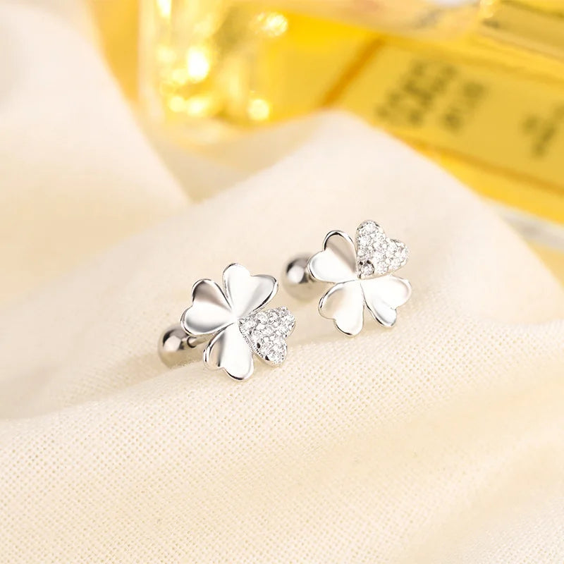 Four-Leaf Clover Stud Earrings with Zircon