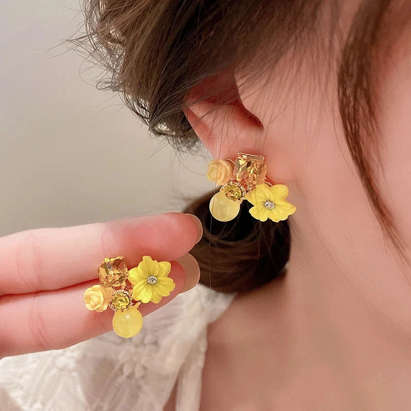 Flower and Pearl Stud Earrings yellow 1