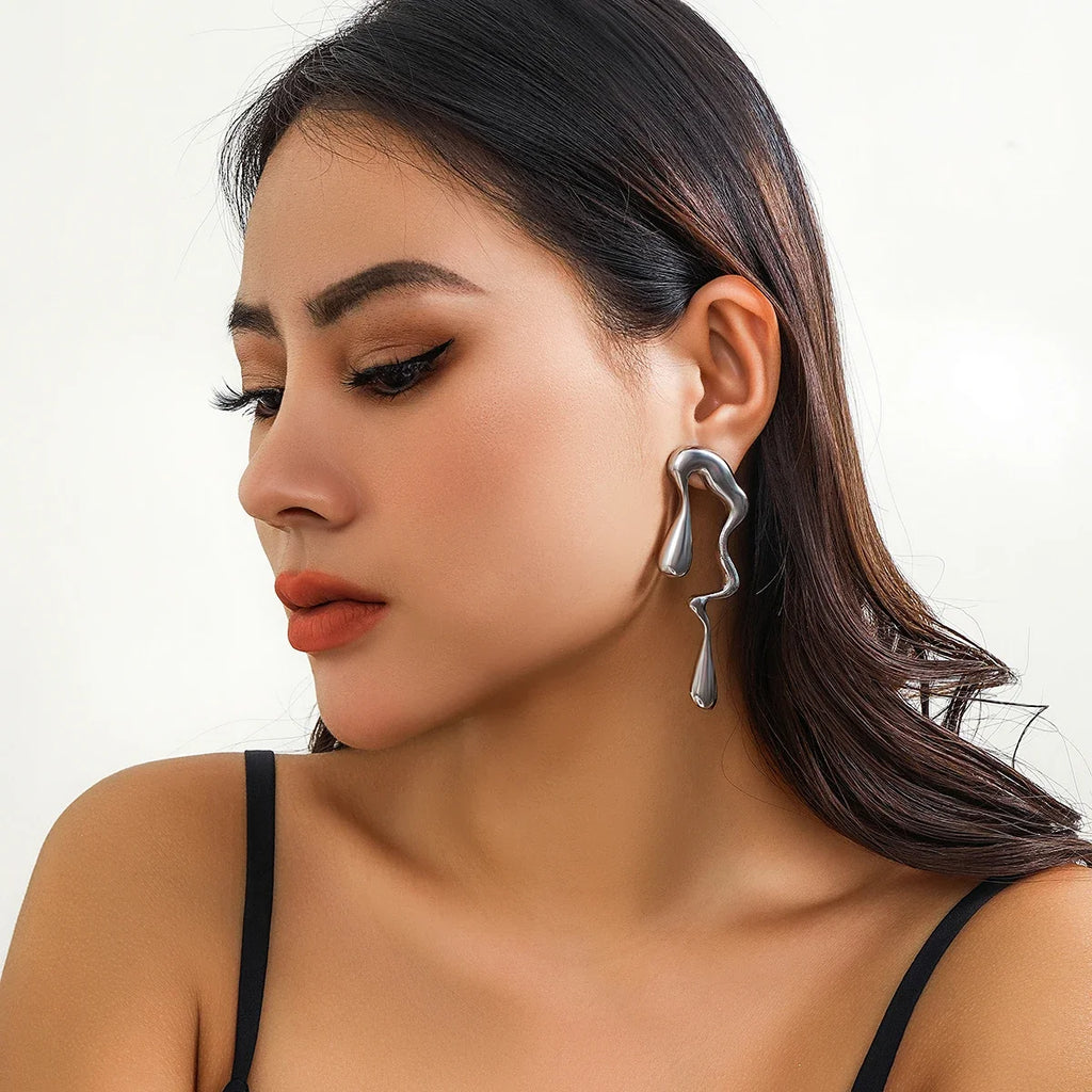 Asymmetrical Water Drop Stud Earrings Silver