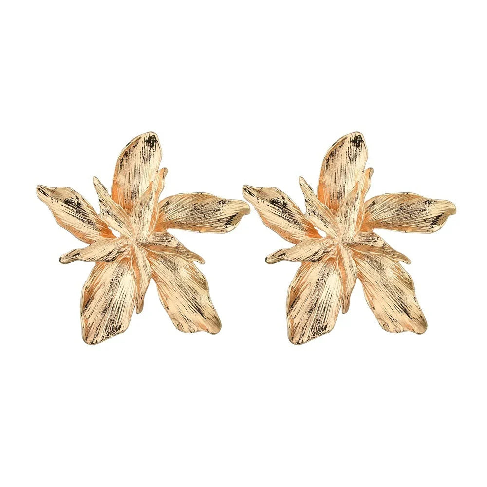 Asymmetrical Large Flower Stud Earrings gold