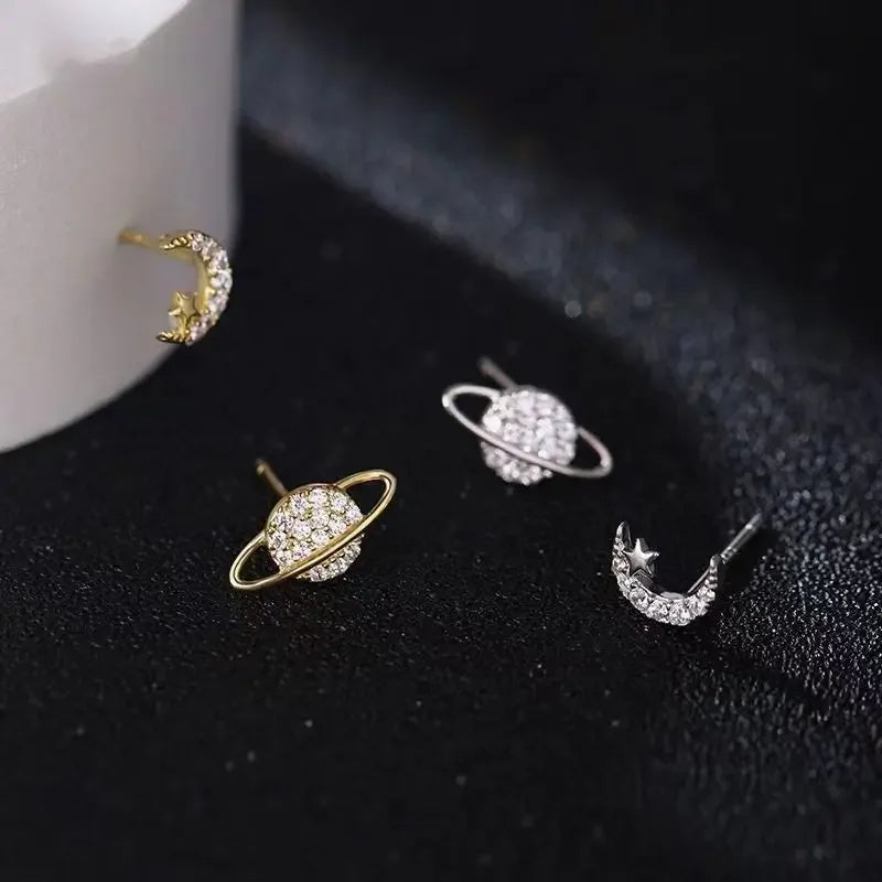Moon and Sphere Zircon Stud Earrings in Silver