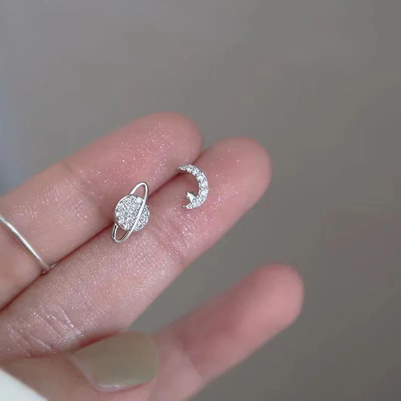Moon and Sphere Zircon Stud Earrings in Silver
