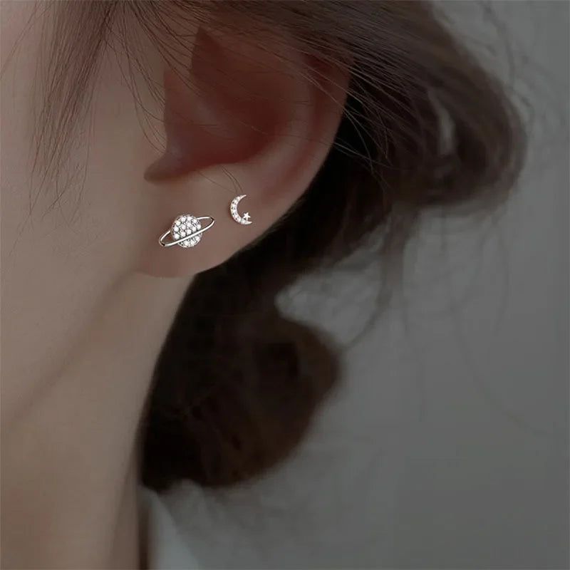 Moon and Sphere Zircon Stud Earrings in Silver