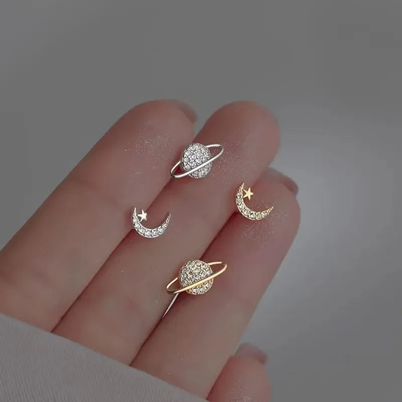 Moon and Sphere Zircon Stud Earrings in Gold
