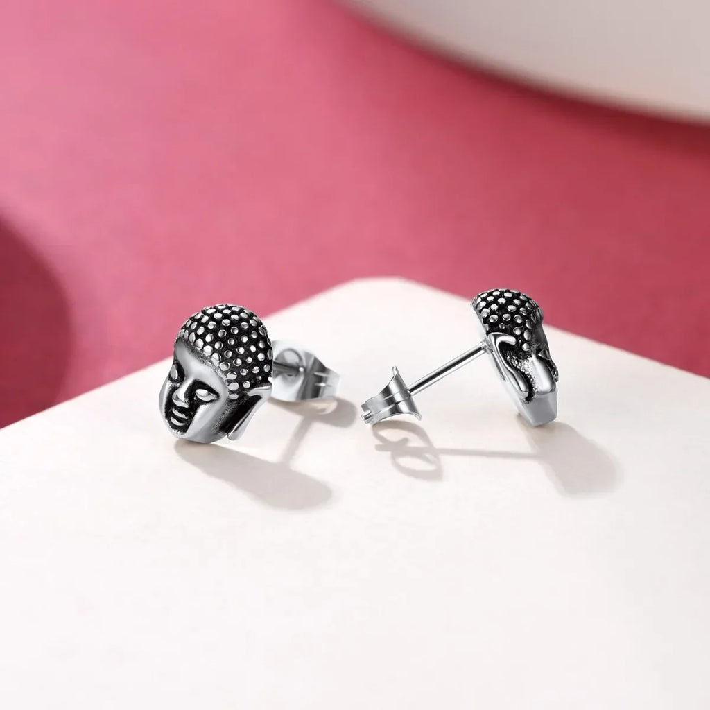 Silver Buddha Head Stud Earrings