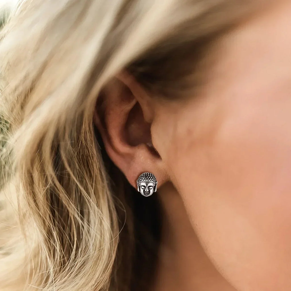 Silver Buddha Head Stud Earrings