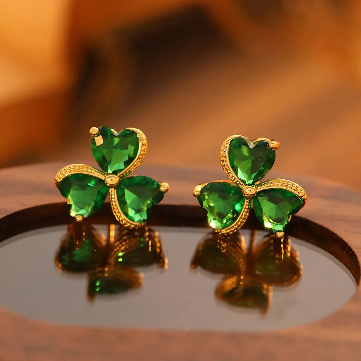 Three-Leaf Clover Stud Earrings in Emerald Green and Zircon, gold