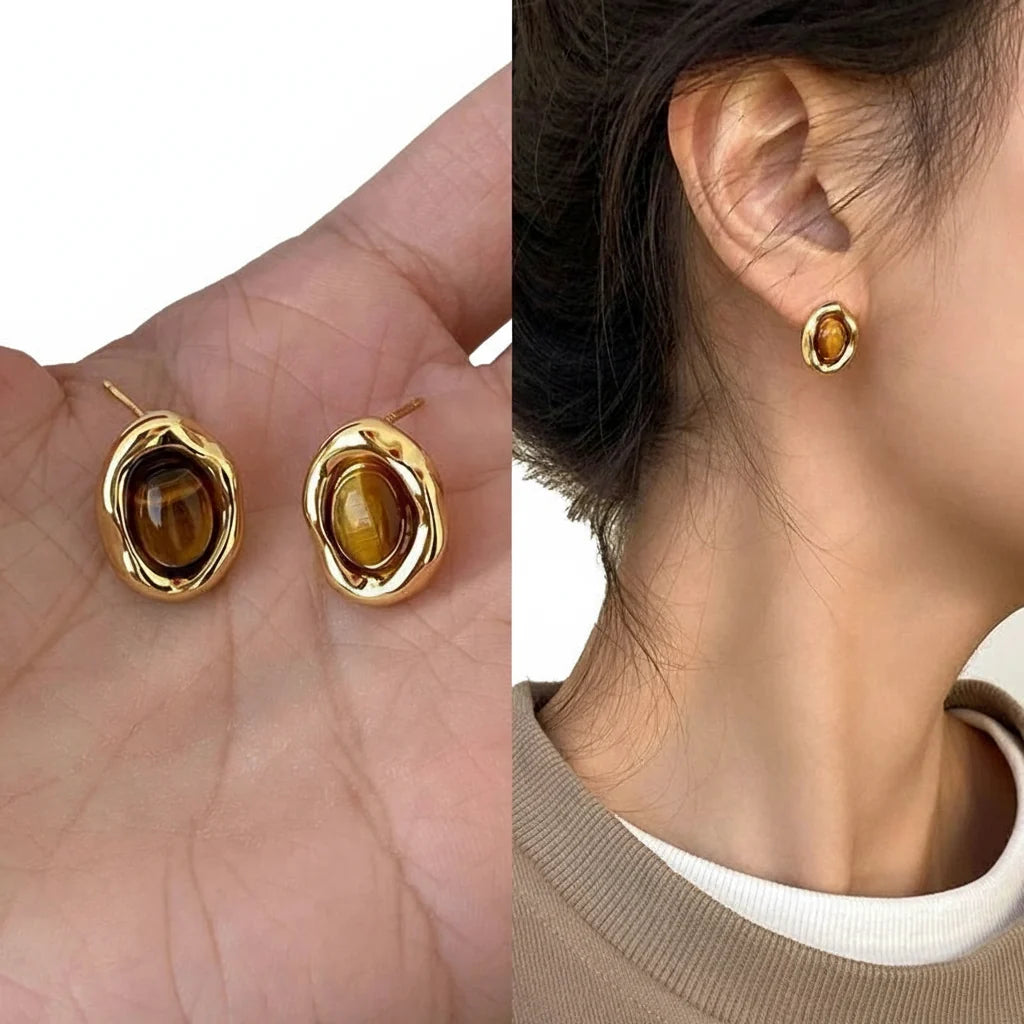 Oval Tiger's Eye Stud Earrings