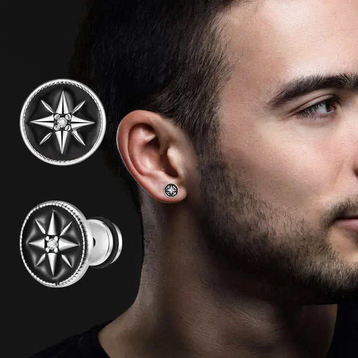 Men's Compass Stud Earrings, Compass Rose