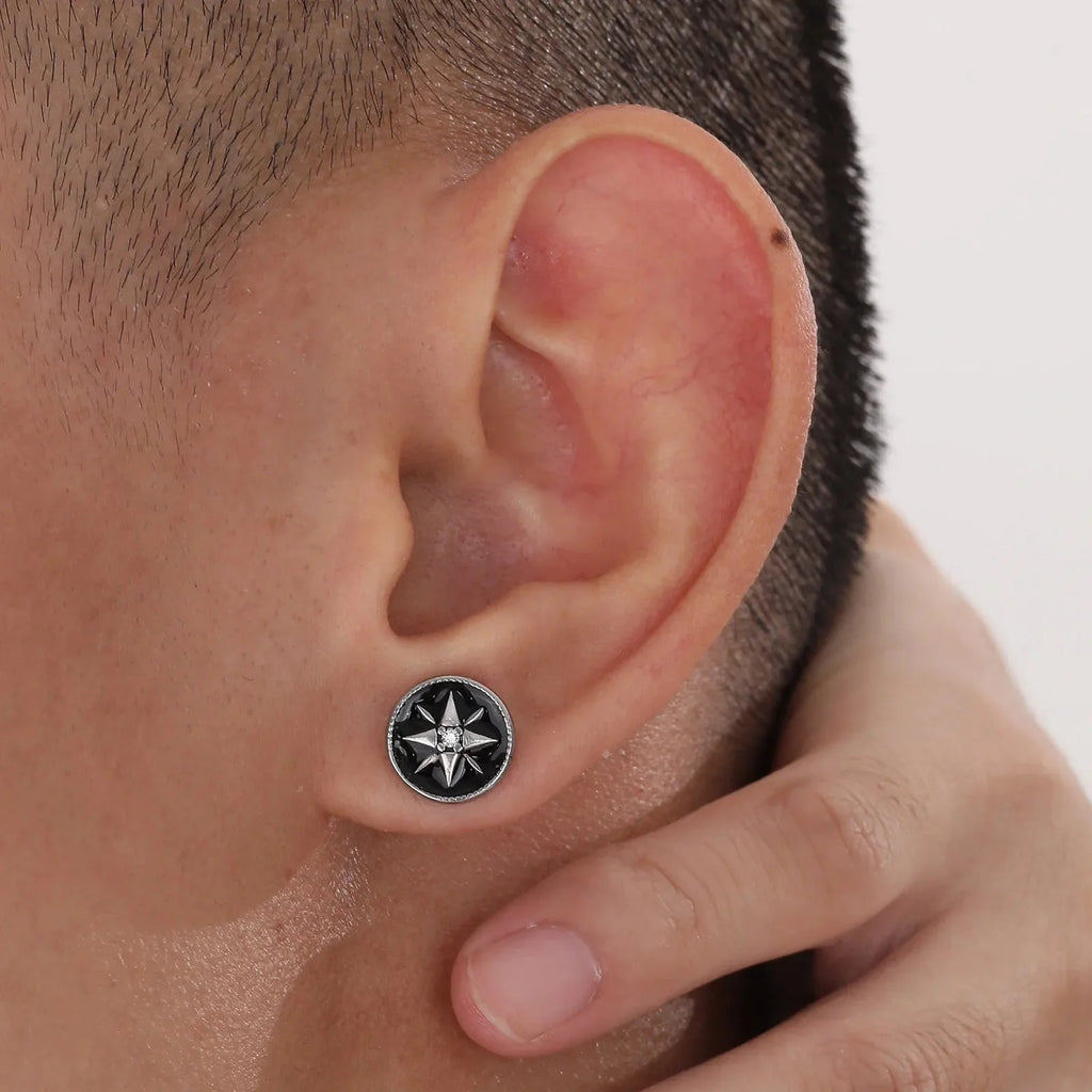 Men's Compass Stud Earrings, Compass Rose