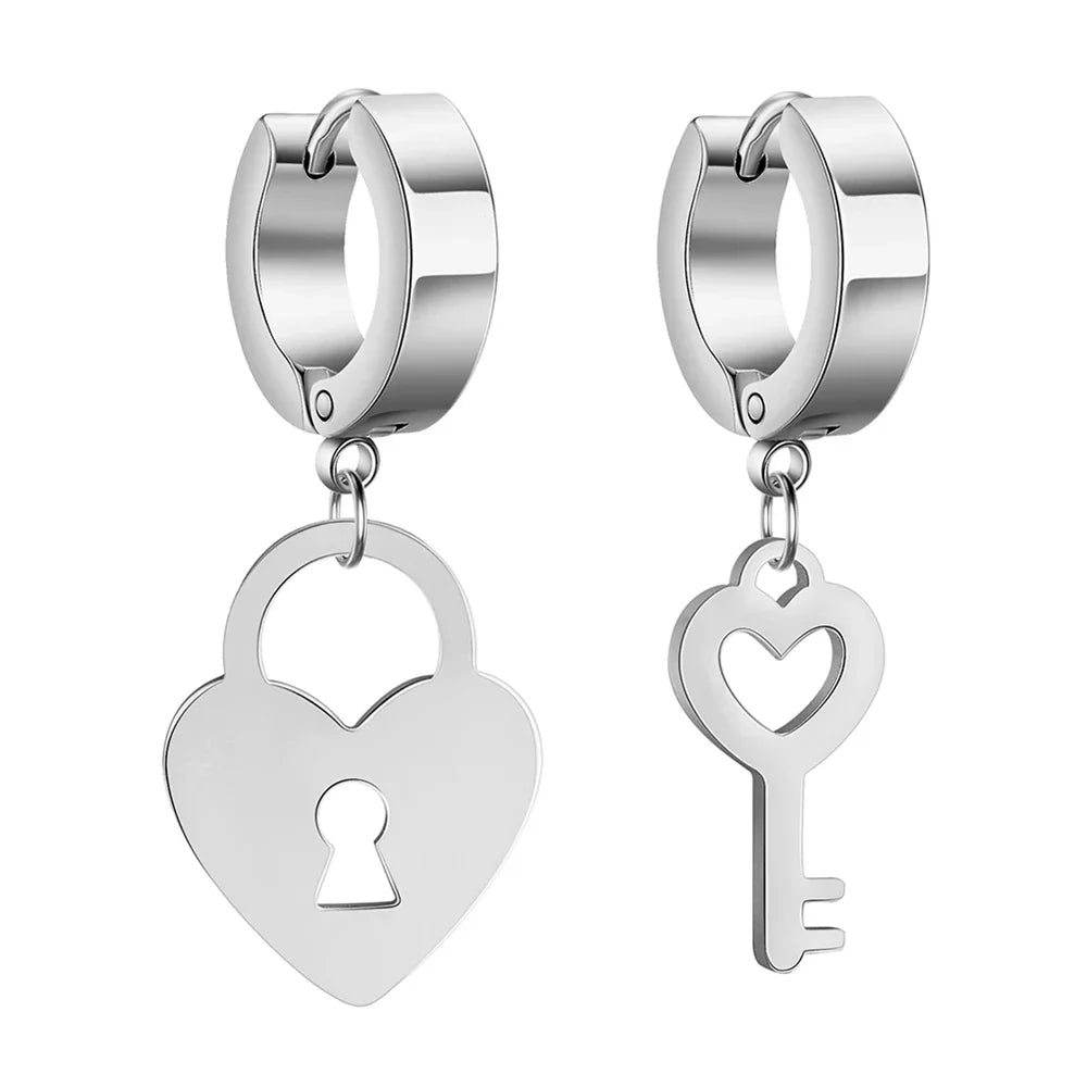 Silver key and padlock hoop earrings
