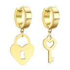 Gold key and padlock hoop earrings