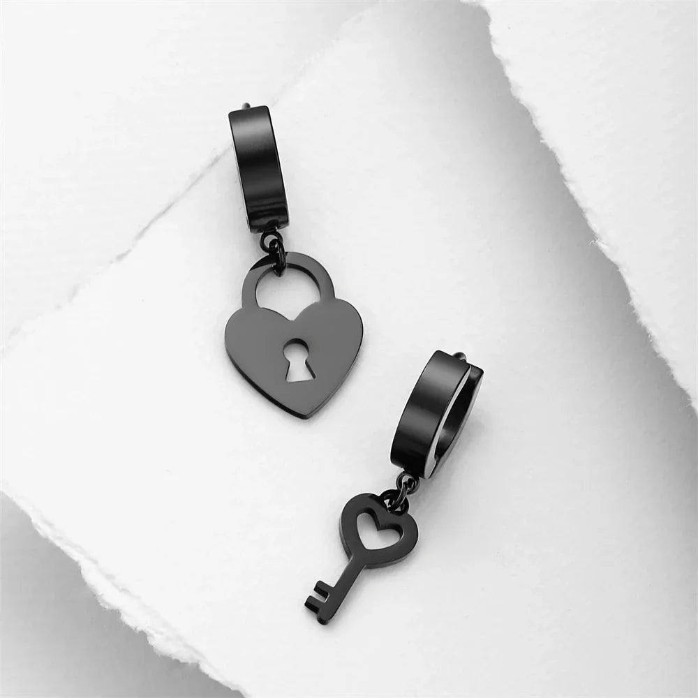 Black key and padlock hoop earrings