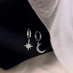 Star and Moon and Cubic Zirconia Hoop Earrings, Silver