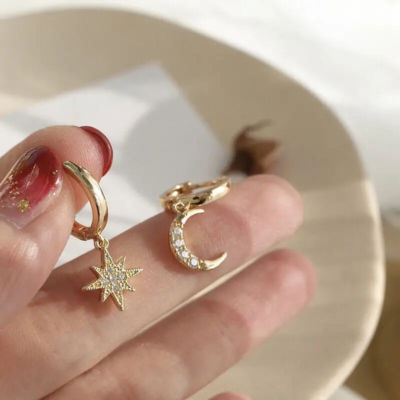 Star and Moon and Cubic Zirconia Hoop Earrings, Gold