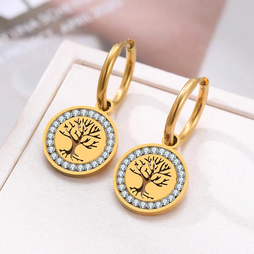 Tree of Life Dangle Hoop Earrings in Gold