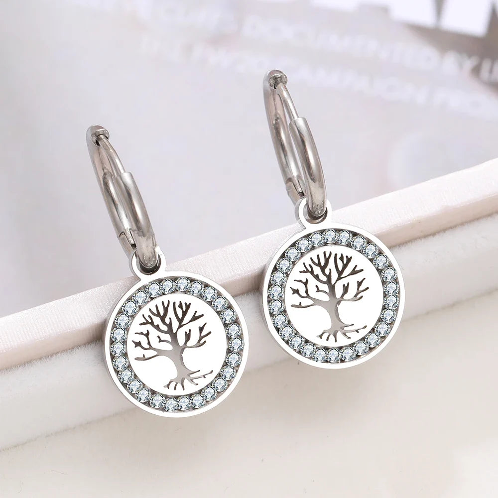 Tree of Life Dangle Hoop Earrings in Silver
