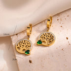 Tree of Life Heart Green Dangle Hoop Earrings