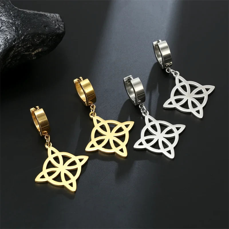 Dangling Hoop Earrings with Witch's Knot, Protection, Wiccan Woman, Gold