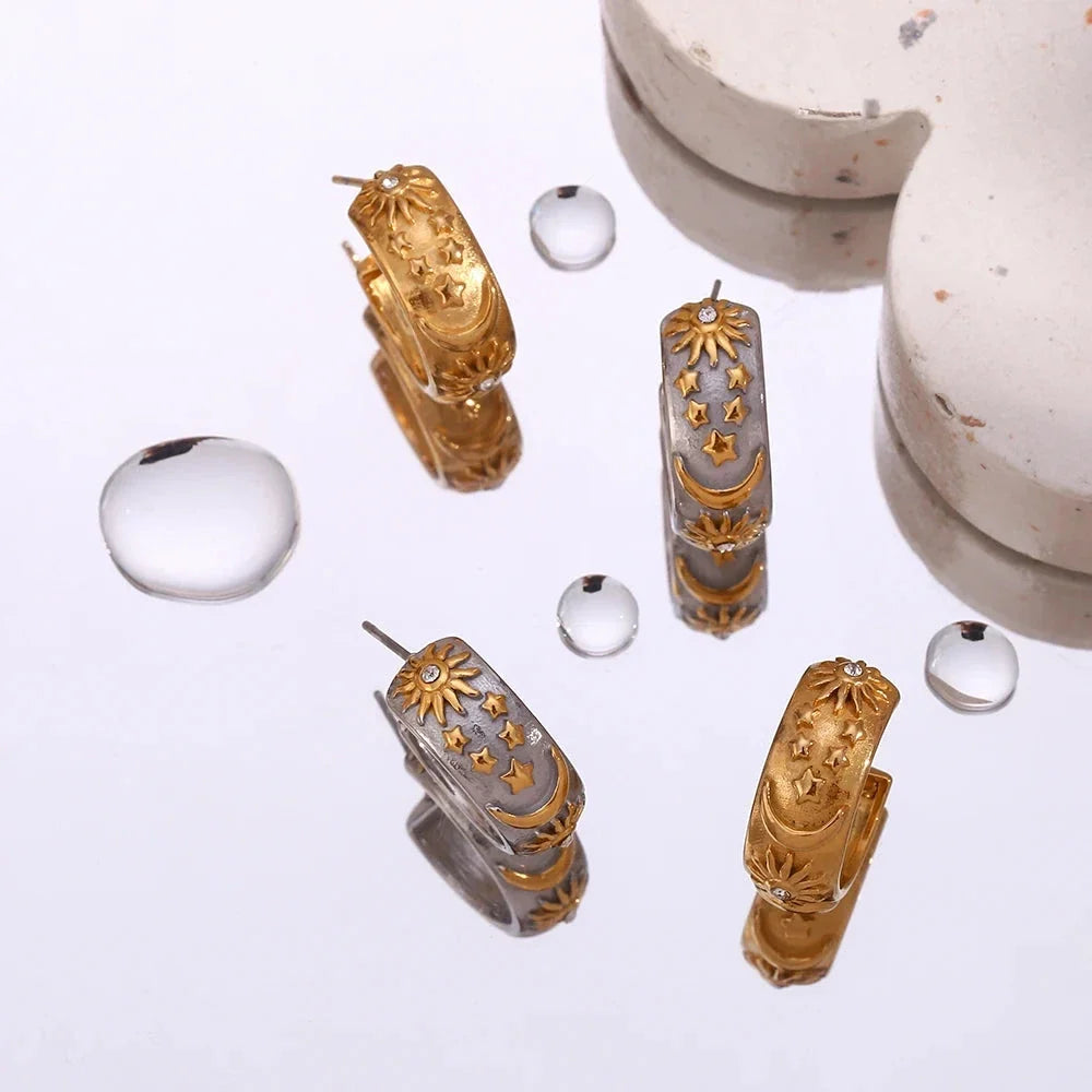 Retro Sun Hoop Earrings Gold